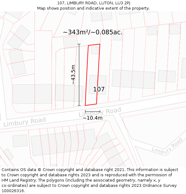 107, LIMBURY ROAD, LUTON, LU3 2PJ: Plot and title map