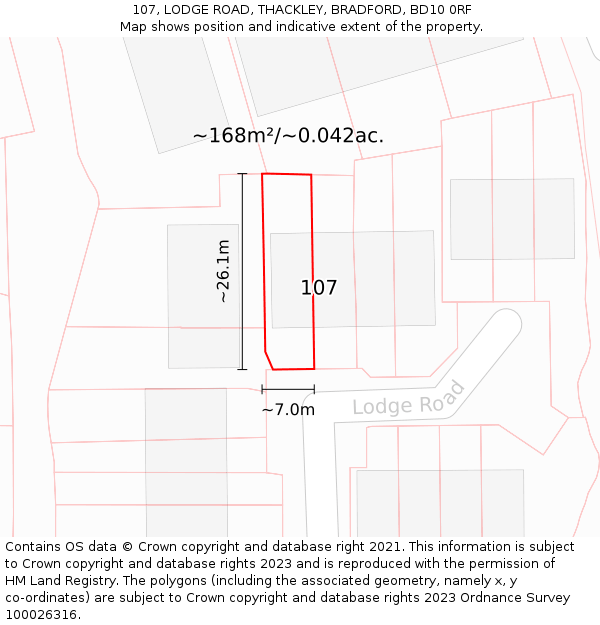 107, LODGE ROAD, THACKLEY, BRADFORD, BD10 0RF: Plot and title map