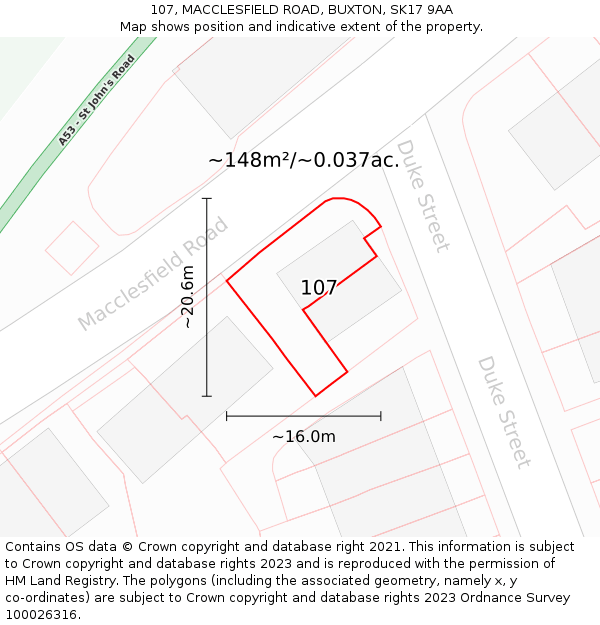 107, MACCLESFIELD ROAD, BUXTON, SK17 9AA: Plot and title map