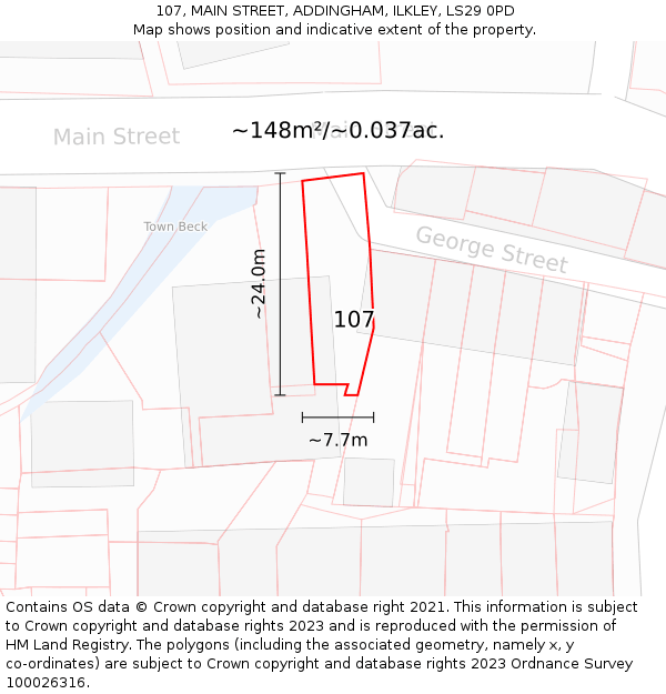 107, MAIN STREET, ADDINGHAM, ILKLEY, LS29 0PD: Plot and title map