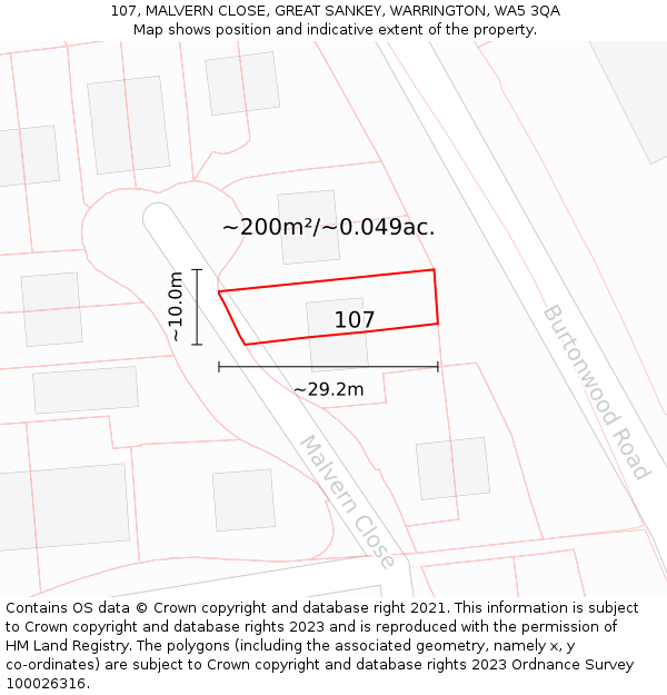 107, MALVERN CLOSE, GREAT SANKEY, WARRINGTON, WA5 3QA: Plot and title map