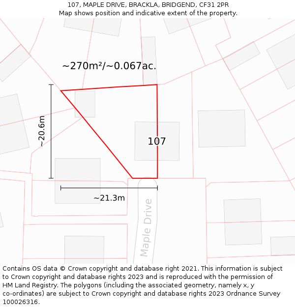 107, MAPLE DRIVE, BRACKLA, BRIDGEND, CF31 2PR: Plot and title map