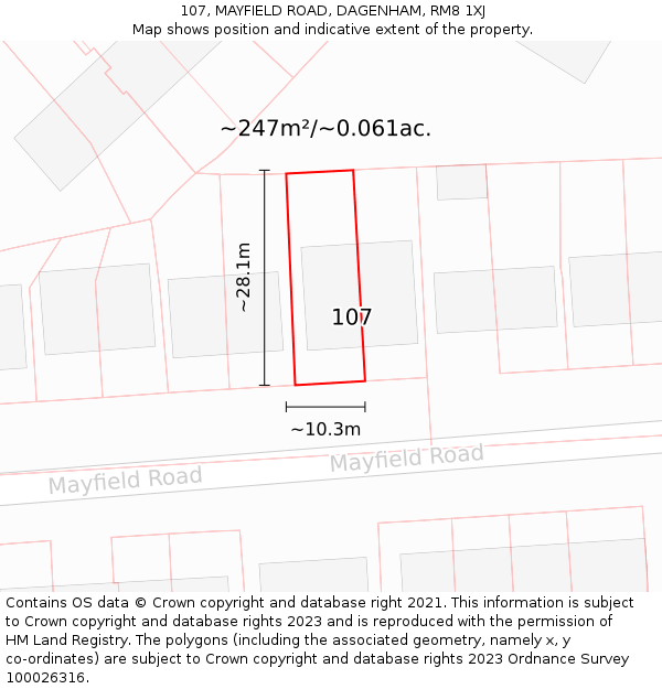 107, MAYFIELD ROAD, DAGENHAM, RM8 1XJ: Plot and title map