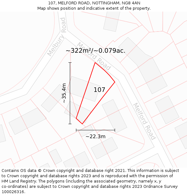 107, MELFORD ROAD, NOTTINGHAM, NG8 4AN: Plot and title map