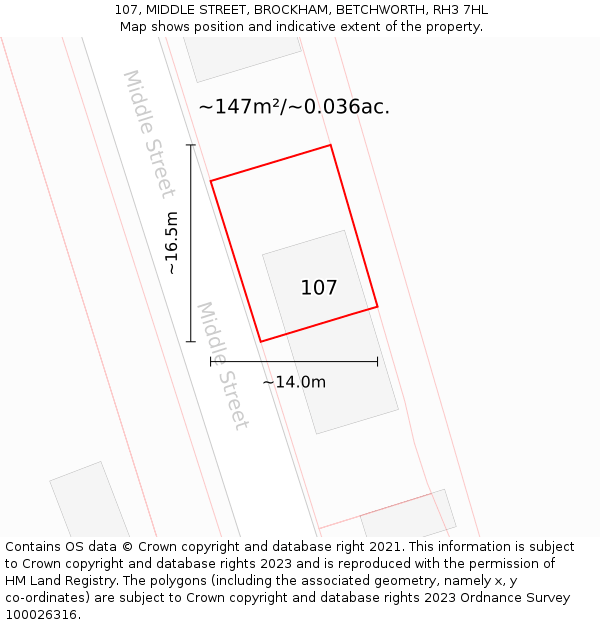 107, MIDDLE STREET, BROCKHAM, BETCHWORTH, RH3 7HL: Plot and title map