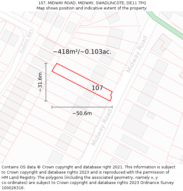 107, MIDWAY ROAD, MIDWAY, SWADLINCOTE, DE11 7PG: Plot and title map