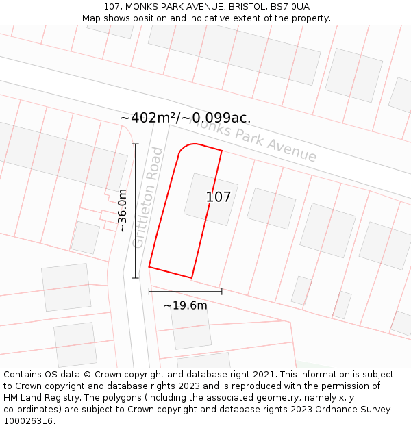 107, MONKS PARK AVENUE, BRISTOL, BS7 0UA: Plot and title map