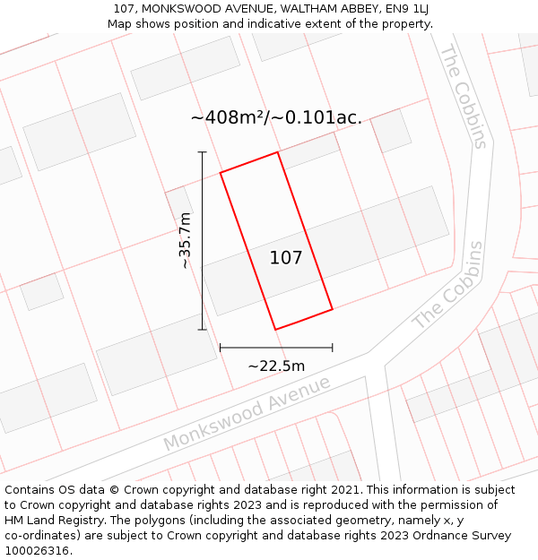 107, MONKSWOOD AVENUE, WALTHAM ABBEY, EN9 1LJ: Plot and title map