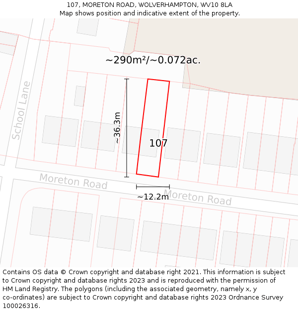 107, MORETON ROAD, WOLVERHAMPTON, WV10 8LA: Plot and title map
