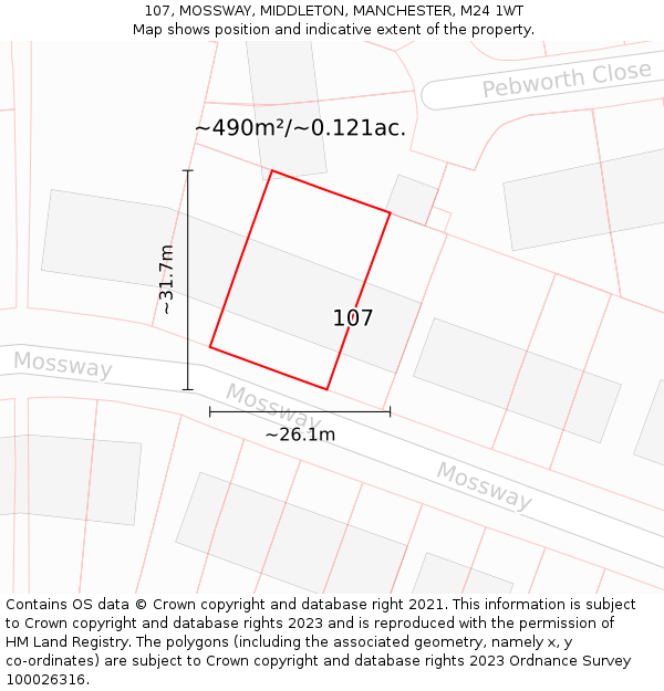 107, MOSSWAY, MIDDLETON, MANCHESTER, M24 1WT: Plot and title map