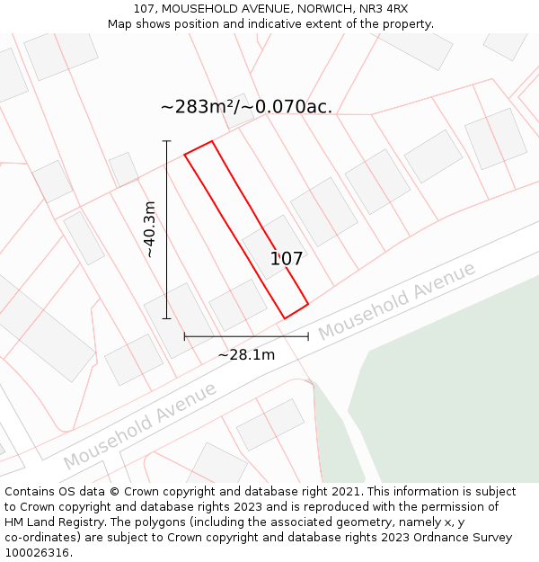 107, MOUSEHOLD AVENUE, NORWICH, NR3 4RX: Plot and title map