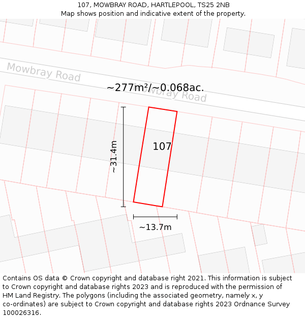 107, MOWBRAY ROAD, HARTLEPOOL, TS25 2NB: Plot and title map