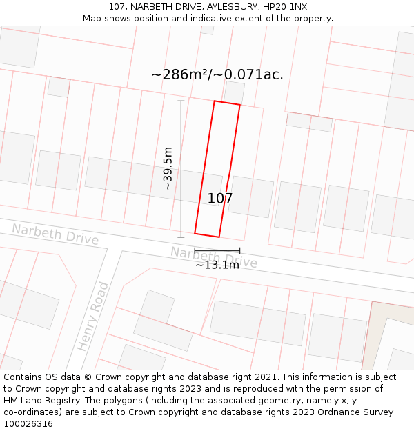 107, NARBETH DRIVE, AYLESBURY, HP20 1NX: Plot and title map