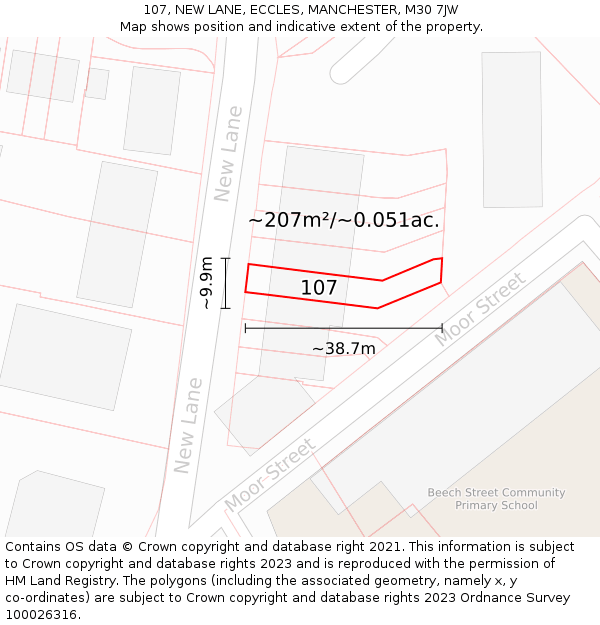 107, NEW LANE, ECCLES, MANCHESTER, M30 7JW: Plot and title map