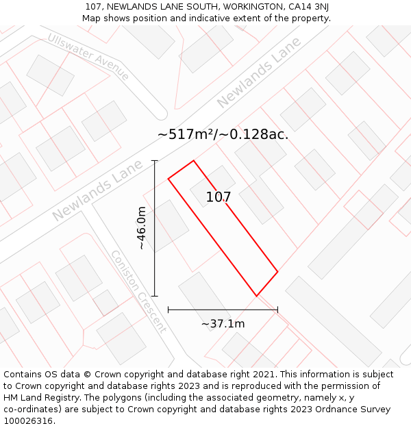 107, NEWLANDS LANE SOUTH, WORKINGTON, CA14 3NJ: Plot and title map