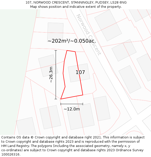 107, NORWOOD CRESCENT, STANNINGLEY, PUDSEY, LS28 6NG: Plot and title map