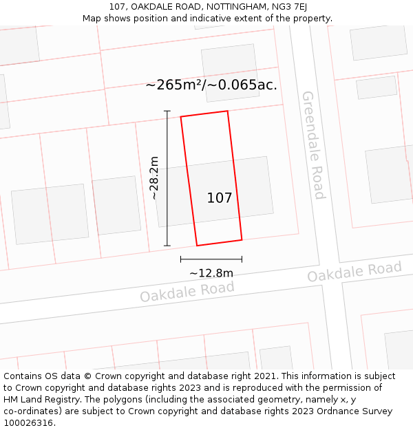 107, OAKDALE ROAD, NOTTINGHAM, NG3 7EJ: Plot and title map