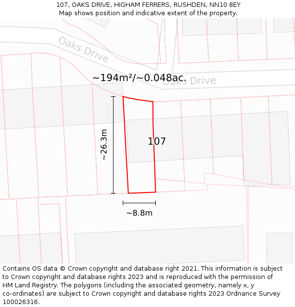 107, OAKS DRIVE, HIGHAM FERRERS, RUSHDEN, NN10 8EY: Plot and title map