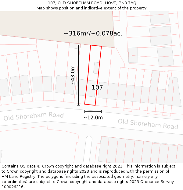 107, OLD SHOREHAM ROAD, HOVE, BN3 7AQ: Plot and title map