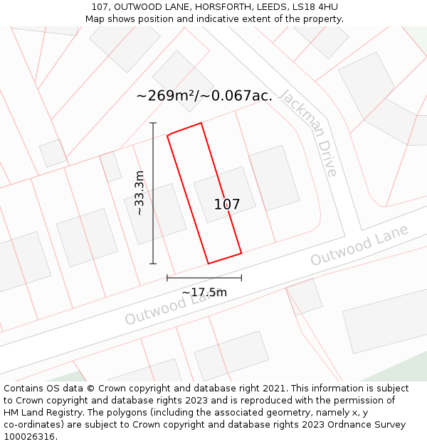 107, OUTWOOD LANE, HORSFORTH, LEEDS, LS18 4HU: Plot and title map