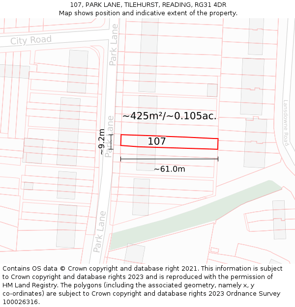 107, PARK LANE, TILEHURST, READING, RG31 4DR: Plot and title map