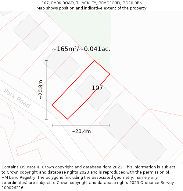 107, PARK ROAD, THACKLEY, BRADFORD, BD10 0RN: Plot and title map