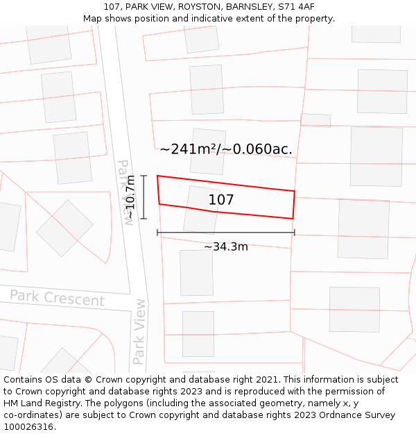107, PARK VIEW, ROYSTON, BARNSLEY, S71 4AF: Plot and title map
