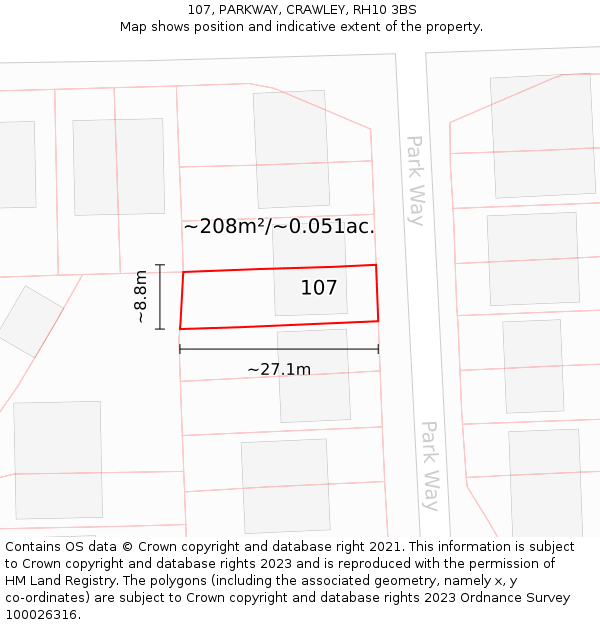107, PARKWAY, CRAWLEY, RH10 3BS: Plot and title map