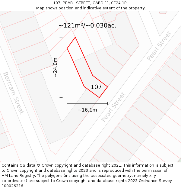 107, PEARL STREET, CARDIFF, CF24 1PL: Plot and title map