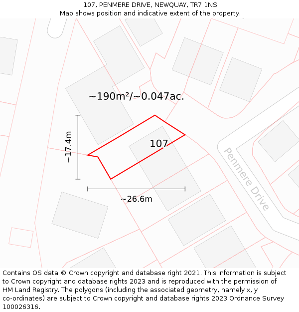 107, PENMERE DRIVE, NEWQUAY, TR7 1NS: Plot and title map