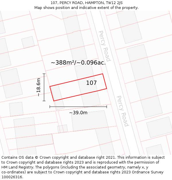 107, PERCY ROAD, HAMPTON, TW12 2JS: Plot and title map