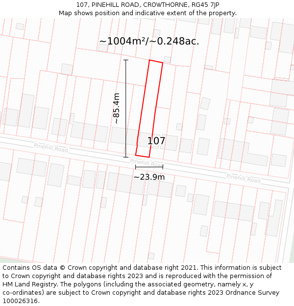 107, PINEHILL ROAD, CROWTHORNE, RG45 7JP: Plot and title map