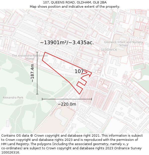 107, QUEENS ROAD, OLDHAM, OL8 2BA: Plot and title map
