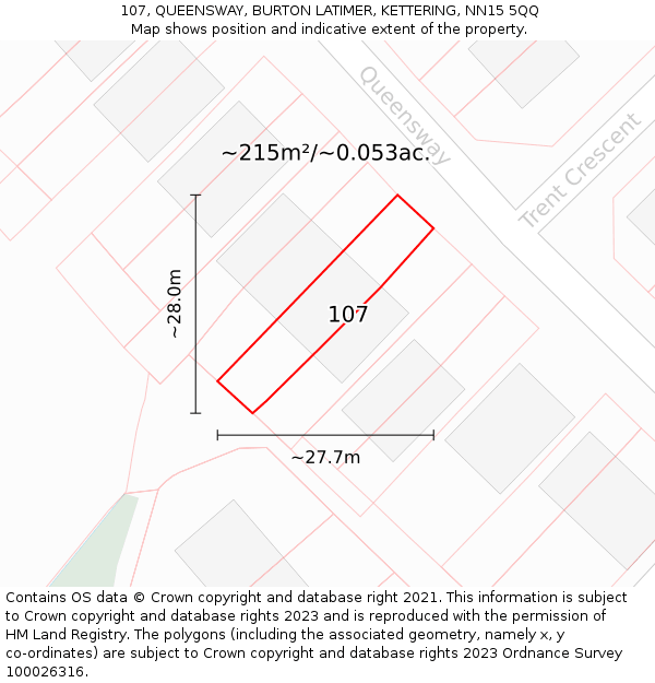 107, QUEENSWAY, BURTON LATIMER, KETTERING, NN15 5QQ: Plot and title map