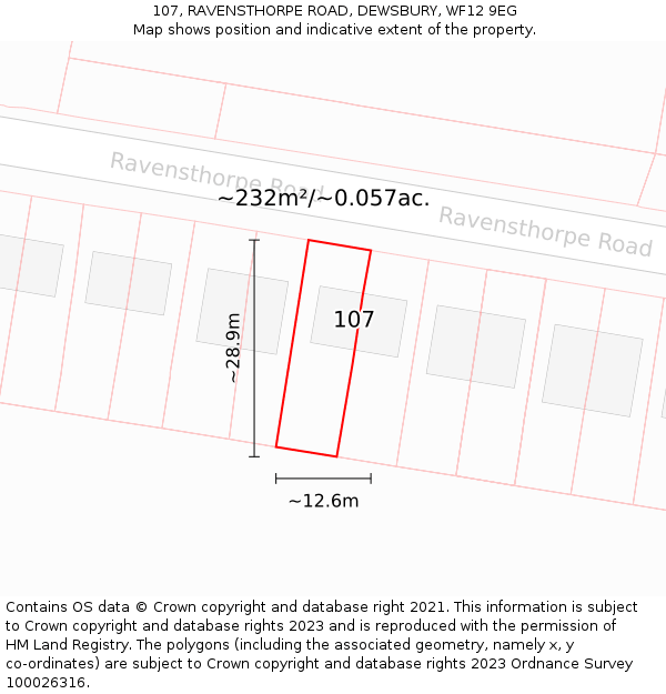 107, RAVENSTHORPE ROAD, DEWSBURY, WF12 9EG: Plot and title map