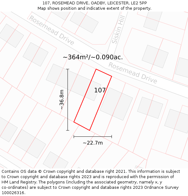 107, ROSEMEAD DRIVE, OADBY, LEICESTER, LE2 5PP: Plot and title map