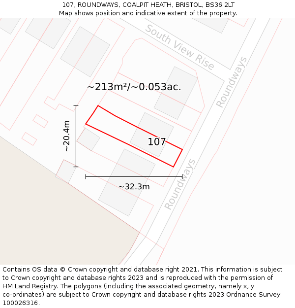 107, ROUNDWAYS, COALPIT HEATH, BRISTOL, BS36 2LT: Plot and title map