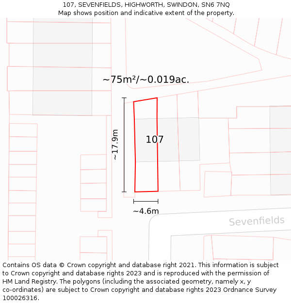 107, SEVENFIELDS, HIGHWORTH, SWINDON, SN6 7NQ: Plot and title map
