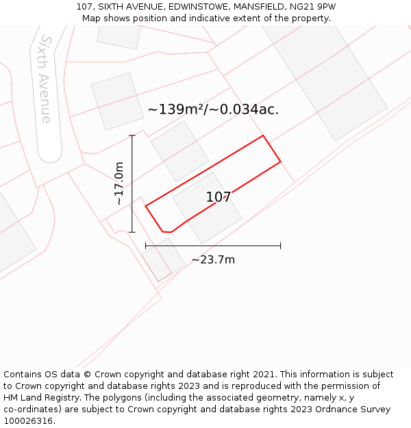 107, SIXTH AVENUE, EDWINSTOWE, MANSFIELD, NG21 9PW: Plot and title map