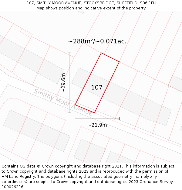 107, SMITHY MOOR AVENUE, STOCKSBRIDGE, SHEFFIELD, S36 1FH: Plot and title map
