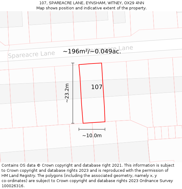 107, SPAREACRE LANE, EYNSHAM, WITNEY, OX29 4NN: Plot and title map
