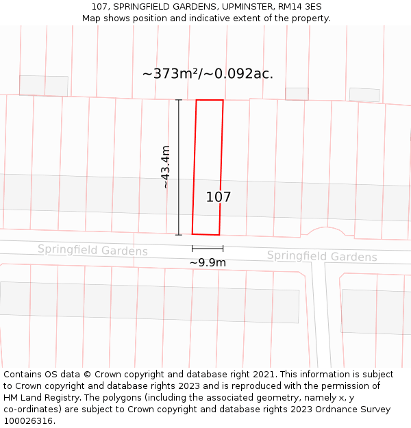 107, SPRINGFIELD GARDENS, UPMINSTER, RM14 3ES: Plot and title map