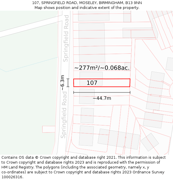 107, SPRINGFIELD ROAD, MOSELEY, BIRMINGHAM, B13 9NN: Plot and title map