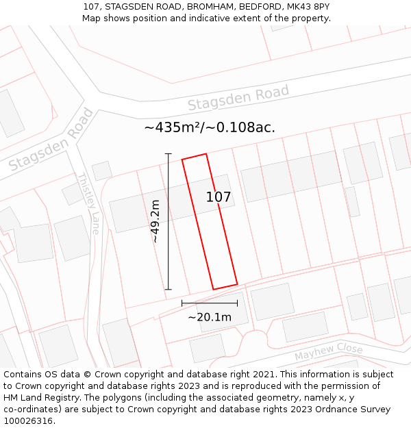 107, STAGSDEN ROAD, BROMHAM, BEDFORD, MK43 8PY: Plot and title map