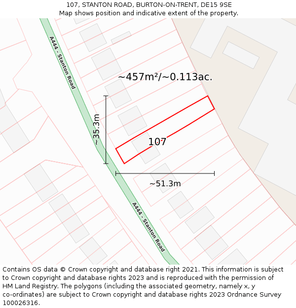 107, STANTON ROAD, BURTON-ON-TRENT, DE15 9SE: Plot and title map