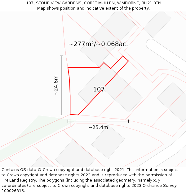 107, STOUR VIEW GARDENS, CORFE MULLEN, WIMBORNE, BH21 3TN: Plot and title map