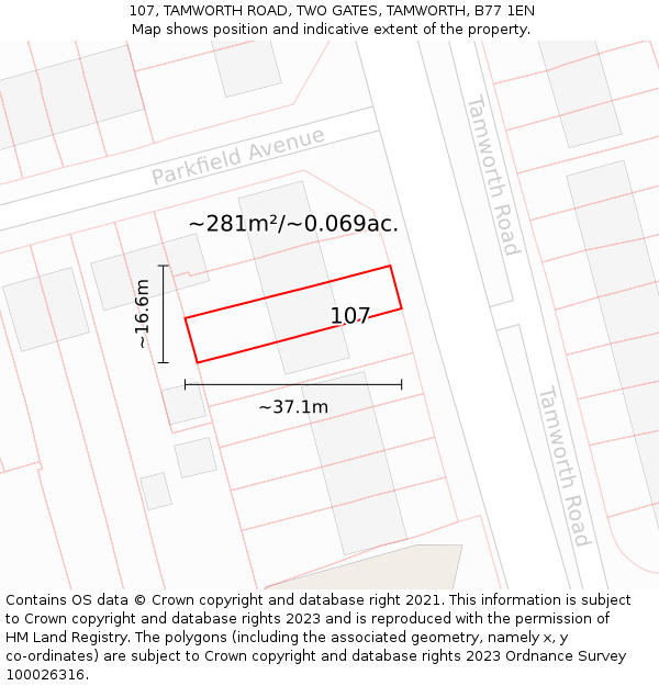 107, TAMWORTH ROAD, TWO GATES, TAMWORTH, B77 1EN: Plot and title map