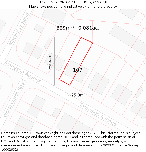 107, TENNYSON AVENUE, RUGBY, CV22 6JB: Plot and title map