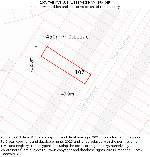 107, THE AVENUE, WEST WICKHAM, BR4 0EF: Plot and title map