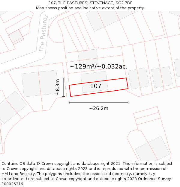 107, THE PASTURES, STEVENAGE, SG2 7DF: Plot and title map